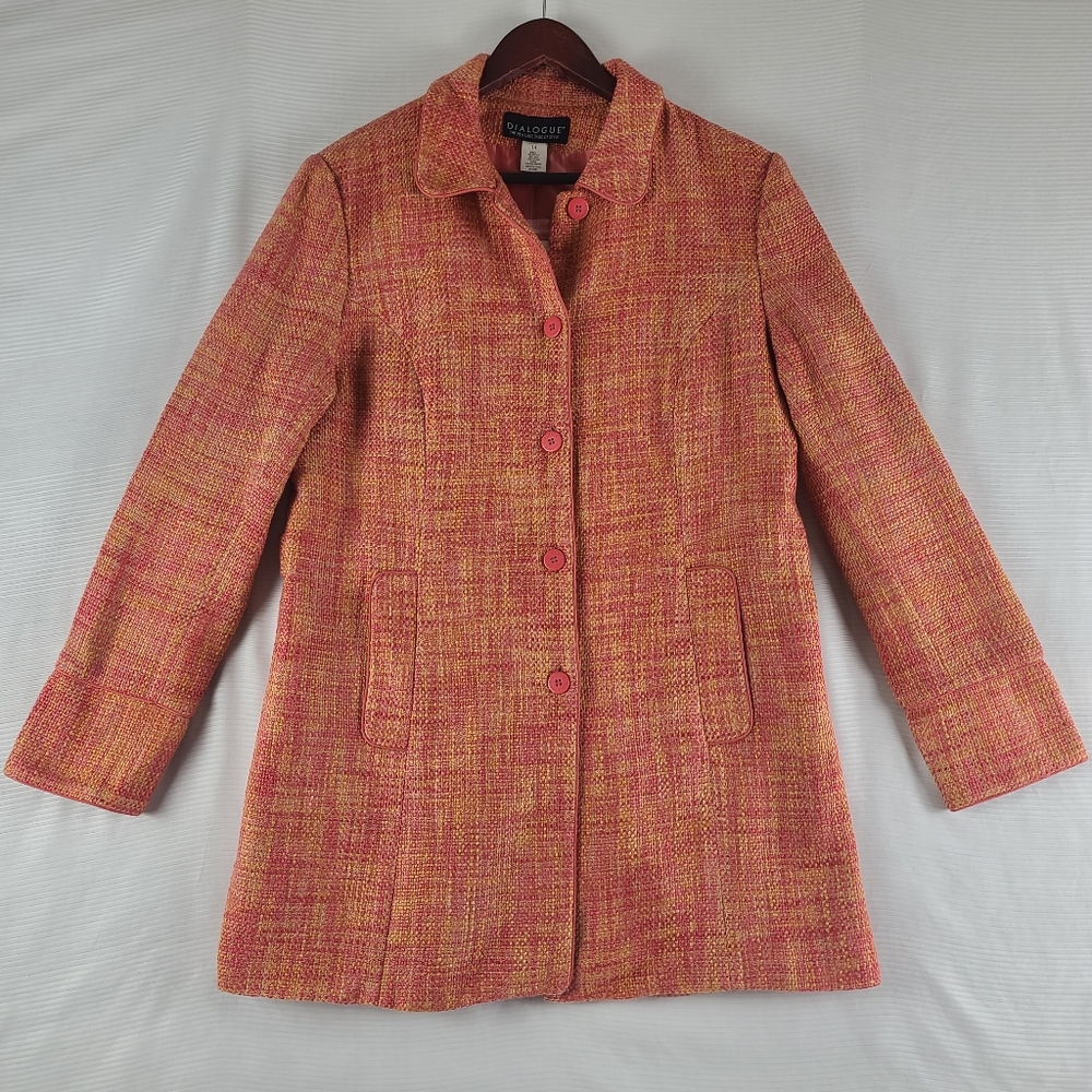 NEW Dialogue Jacket 14 Coral/Tan Tweed Mid-Length Linen Blend
